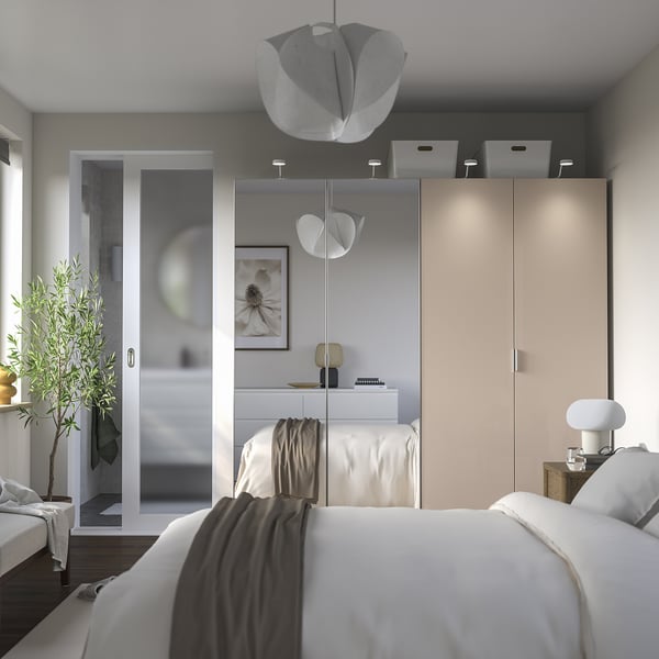 PAX / FARDAL/ÅHEIM wardrobe combination, grey-beige high-gloss/light orange mirror glass, 200x60x201 cm