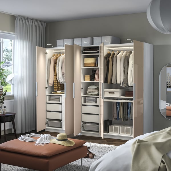 PAX / FARDAL wardrobe combination, white/high-gloss light orange, 250x60x201 cm