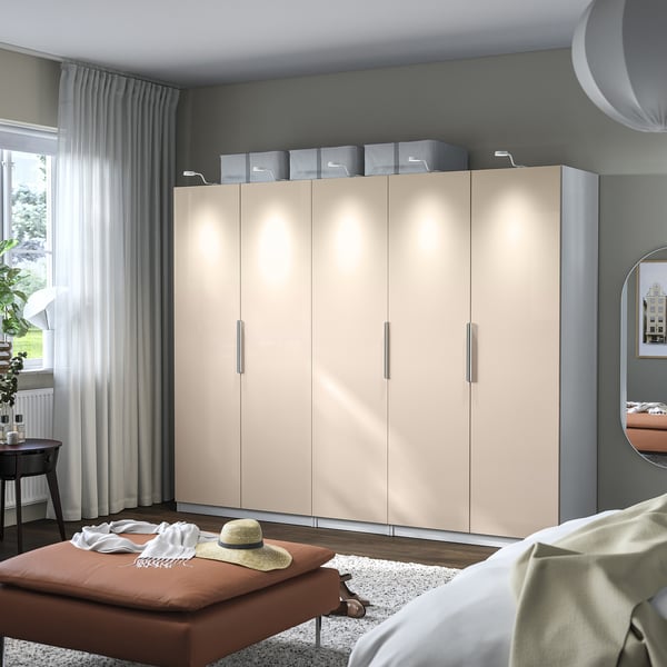 PAX / FARDAL wardrobe combination, white/high-gloss light orange, 250x60x201 cm