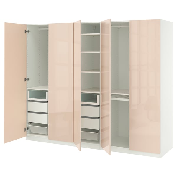 PAX / FARDAL wardrobe combination, white/high-gloss light orange, 250x60x201 cm