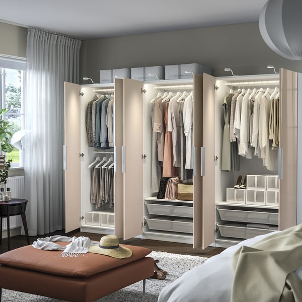PAX / FARDAL wardrobe combination, white/high-gloss light orange, 300x60x201 cm