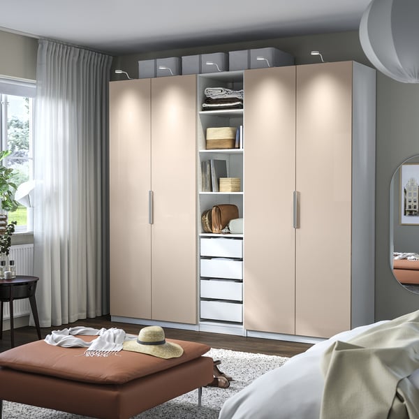 PAX / FARDAL wardrobe combination, white/high-gloss light orange, 250x60x236 cm
