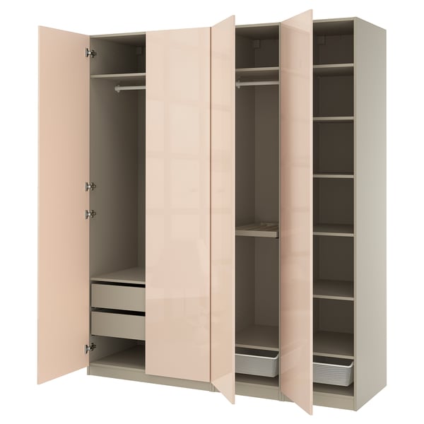 PAX / FARDAL wardrobe combination, grey-beige/high-gloss light orange, 200x60x236 cm