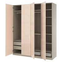 PAX / FARDAL wardrobe combination, grey-beige/high-gloss light orange, 200x60x236 cm