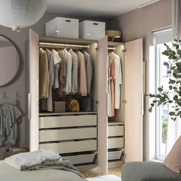 PAX / FARDAL wardrobe combination, grey-beige/high-gloss light orange, 150x60x201 cm