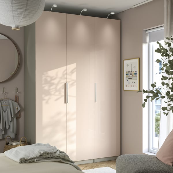 PAX / FARDAL wardrobe combination, grey-beige/high-gloss light orange, 150x60x236 cm