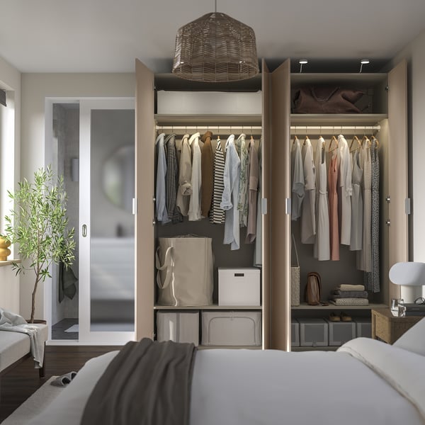 PAX / FARDAL wardrobe combination, grey-beige/high-gloss light orange, 200x60x236 cm
