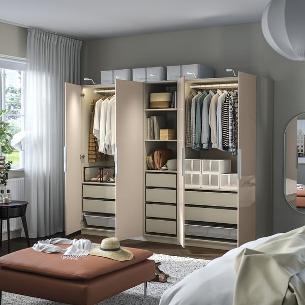 PAX / FARDAL wardrobe combination, grey-beige/high-gloss light orange, 250x60x201 cm