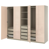PAX / FARDAL wardrobe combination, grey-beige/high-gloss light orange, 250x60x201 cm