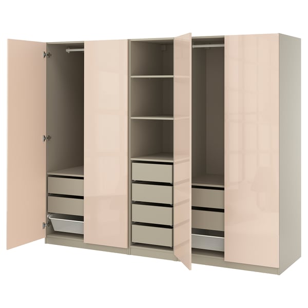 PAX / FARDAL wardrobe combination, grey-beige/high-gloss light orange, 250x60x201 cm