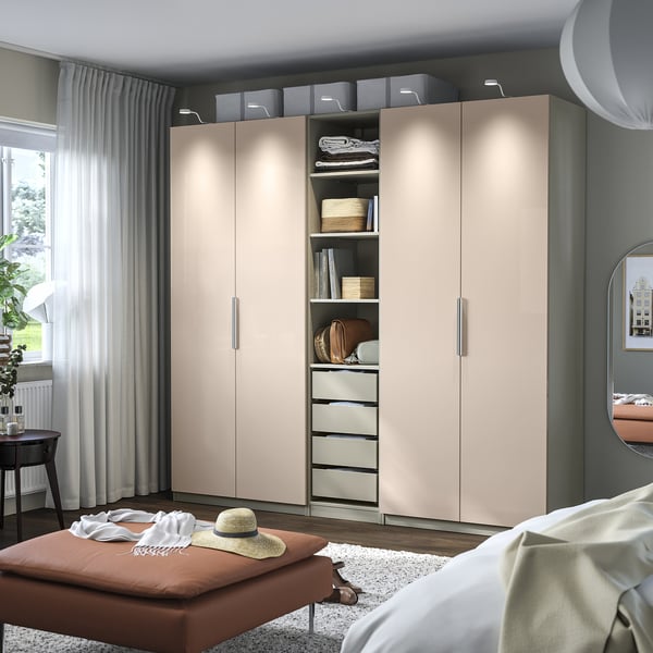 PAX / FARDAL wardrobe combination, grey-beige/high-gloss light orange, 250x60x236 cm