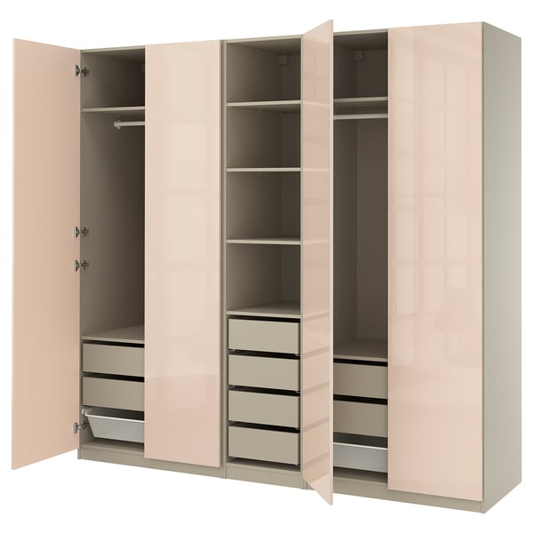 PAX / FARDAL wardrobe combination, grey-beige/high-gloss light orange, 250x60x236 cm