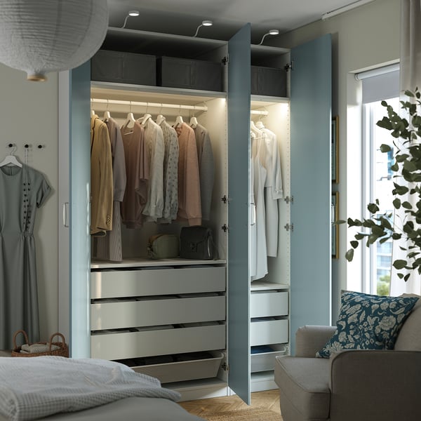 PAX / FJÄREHALS wardrobe combination, white/light grey-blue, 150x60x236 cm