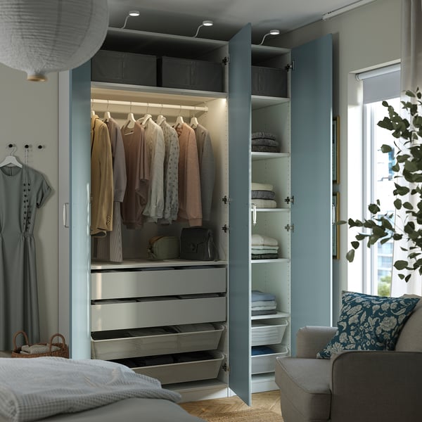 PAX / FJÄREHALS wardrobe combination, white/light grey-blue, 150x60x236 cm