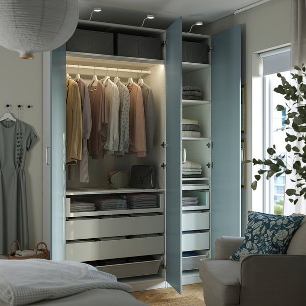 PAX / FJÄREHALS wardrobe combination, white/light grey-blue, 150x60x236 cm