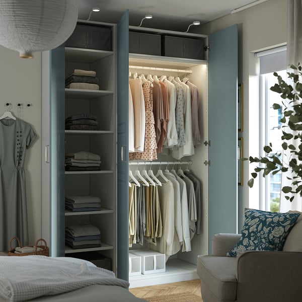PAX / FJÄREHALS wardrobe combination, white/light grey-blue, 150x60x236 cm