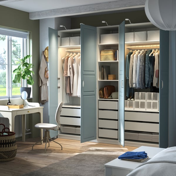 PAX / FJÄREHALS wardrobe combination, white/light grey-blue, 250x236x60 cm