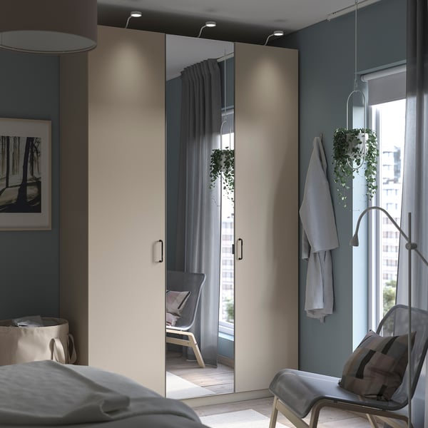 PAX / FORSAND/ÅHEIM wardrobe combination, grey-beige/mirror glass, 150x60x236 cm