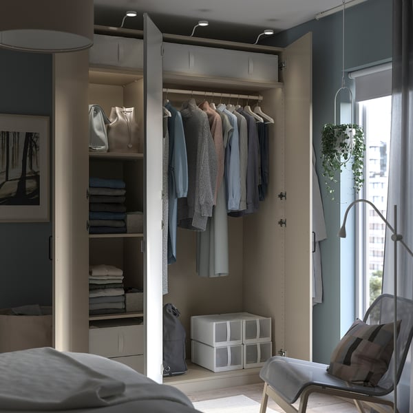 PAX / FORSAND/ÅHEIM wardrobe combination, grey-beige/mirror glass, 150x60x236 cm