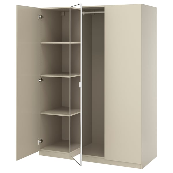 PAX / FORSAND/ÅHEIM wardrobe combination, grey-beige/mirror glass, 150x60x201 cm