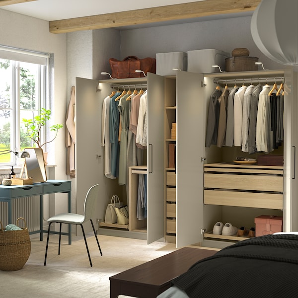 PAX / FORSAND wardrobe combination, grey-beige/white stained oak effect grey-beige, 250x60x201 cm