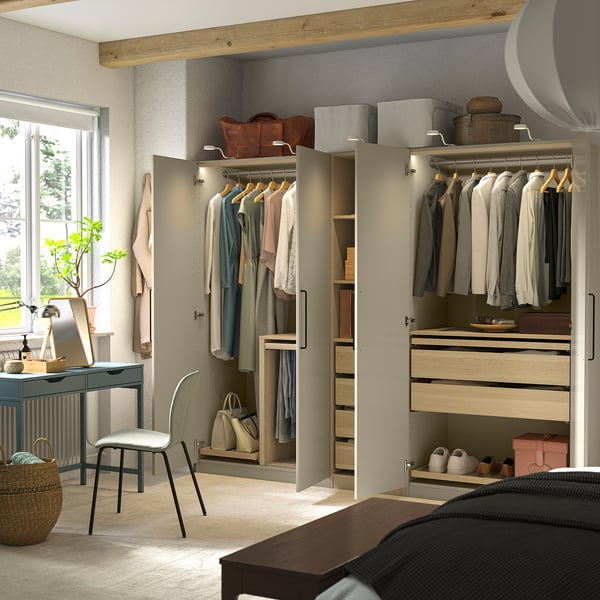 PAX / FORSAND wardrobe combination, grey-beige/white stained oak effect grey-beige, 250x60x201 cm