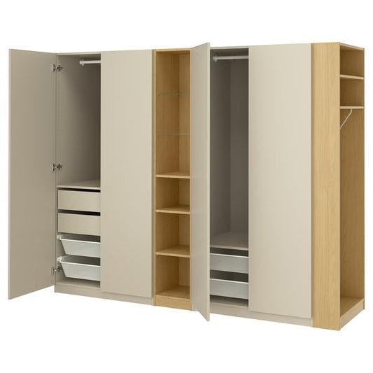 PAX / FORSAND wardrobe combination, grey-beige grey-beige/oak effect, 255x60x201 cm