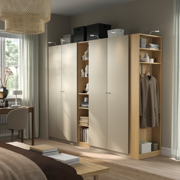 PAX / FORSAND wardrobe combination, grey-beige grey-beige/oak effect, 255x60x201 cm