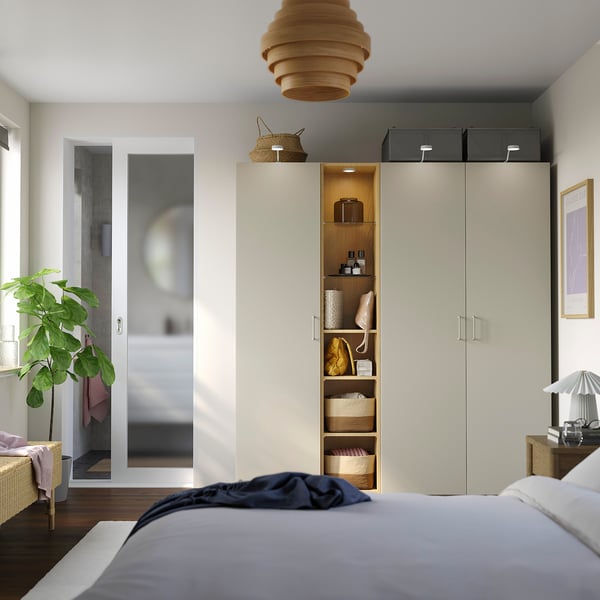 PAX / FORSAND wardrobe combination, grey-beige grey-beige/oak effect, 185x60x201 cm