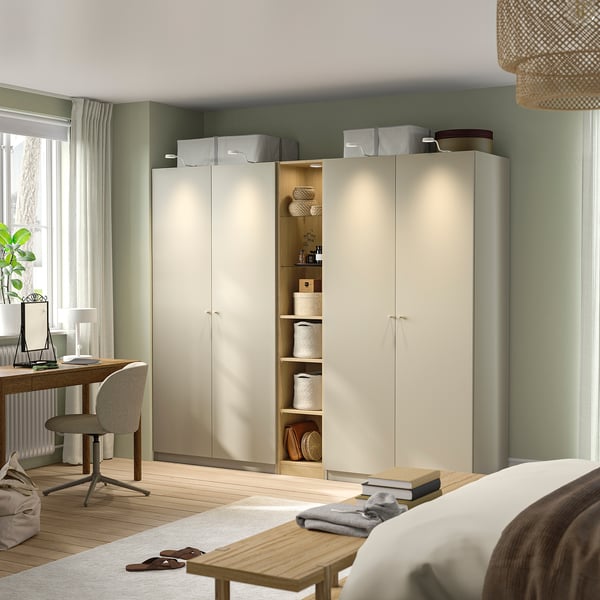 PAX / FORSAND wardrobe combination, grey-beige grey-beige/oak effect, 235x60x201 cm