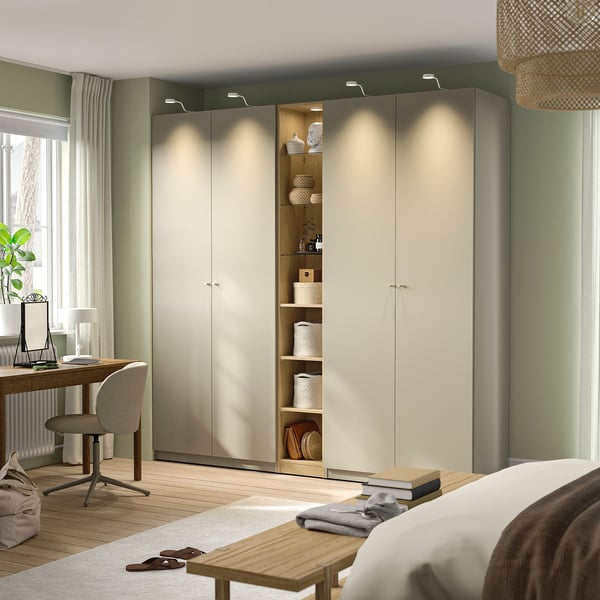 PAX / FORSAND wardrobe combination, grey-beige grey-beige/oak effect, 235x60x236 cm