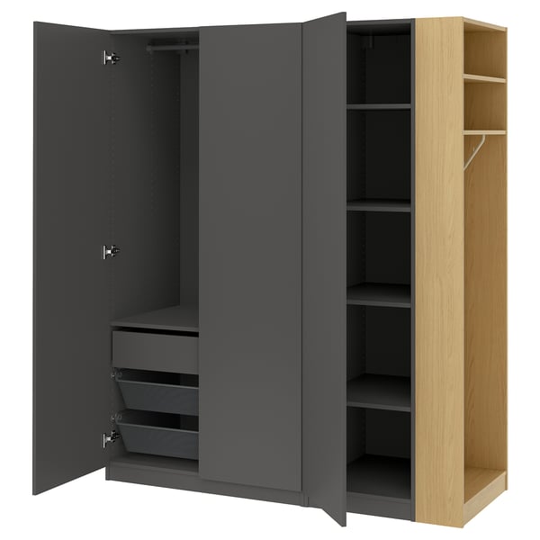 PAX / FORSAND wardrobe combination, dark grey dark grey/oak effect, 170x60x201 cm