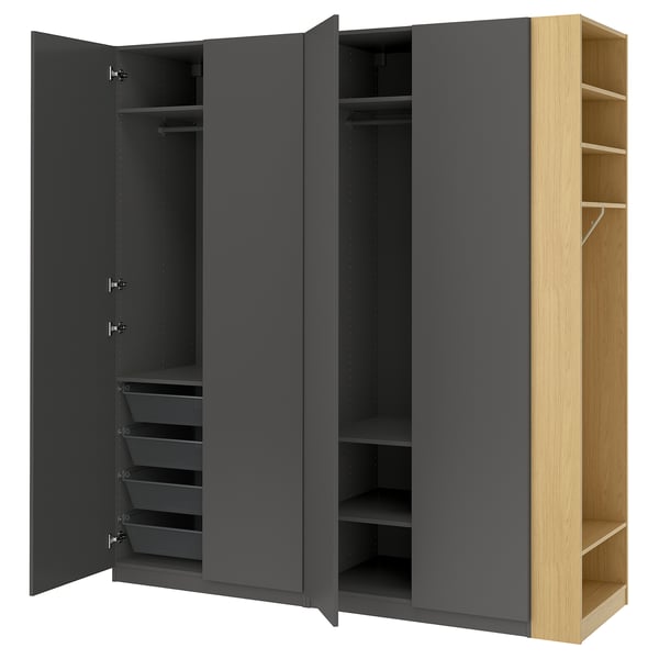 PAX / FORSAND wardrobe combination, dark grey dark grey/oak effect, 220x60x236 cm