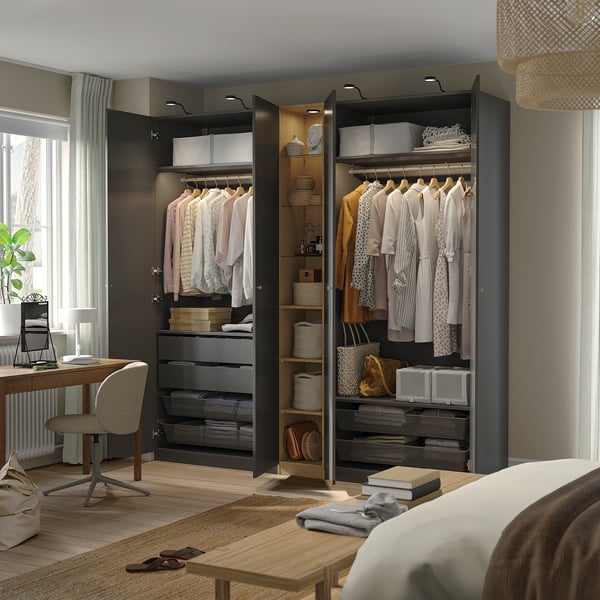 PAX / FORSAND wardrobe combination, dark grey dark grey/oak effect, 235x60x236 cm