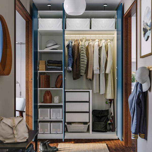 PAX / FYRUDDEN wardrobe combination, white/blue, 150x60x236 cm