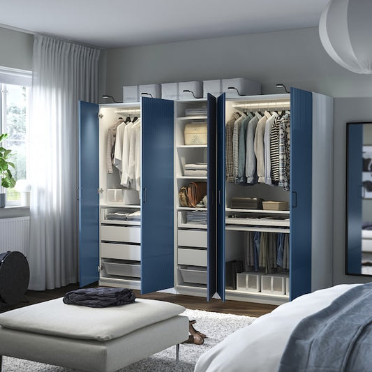 PAX / FYRUDDEN wardrobe combination, white/blue, 250x60x201 cm