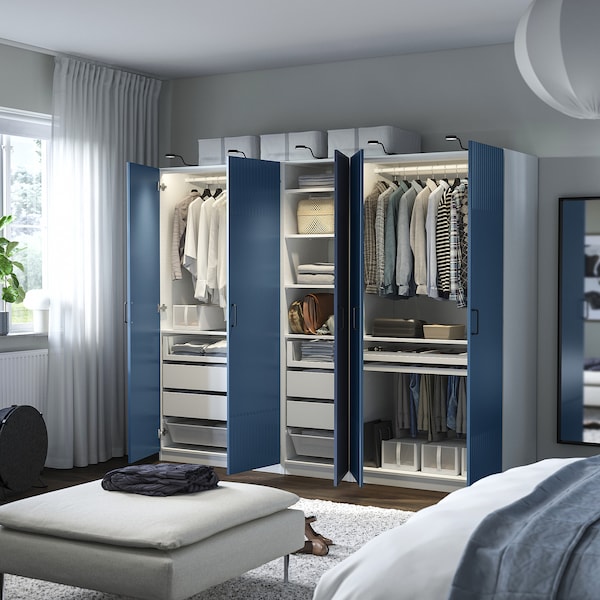 PAX / FYRUDDEN wardrobe combination, white/blue, 250x60x201 cm