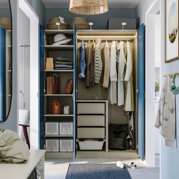 PAX / FYRUDDEN wardrobe combination, grey-beige/blue, 150x60x201 cm