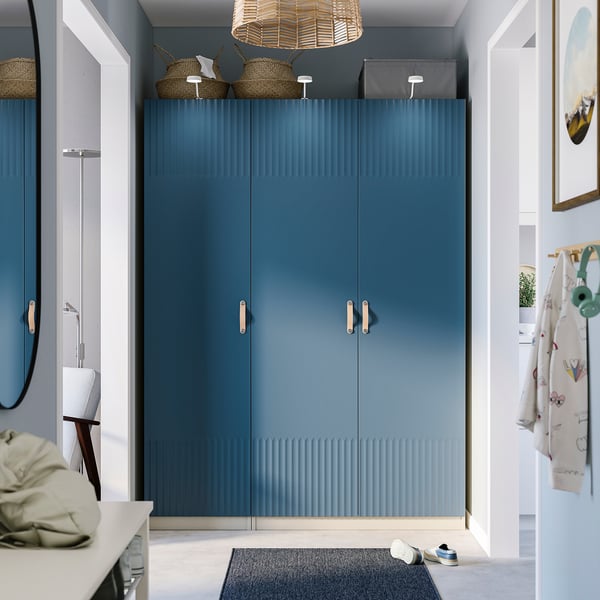 PAX / FYRUDDEN wardrobe combination, grey-beige/blue, 150x60x201 cm