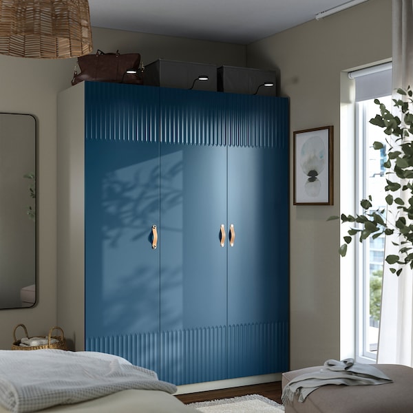 PAX / FYRUDDEN wardrobe combination, grey-beige/blue, 150x60x201 cm