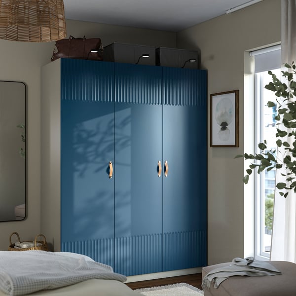 PAX / FYRUDDEN wardrobe combination, grey-beige/blue, 150x60x201 cm