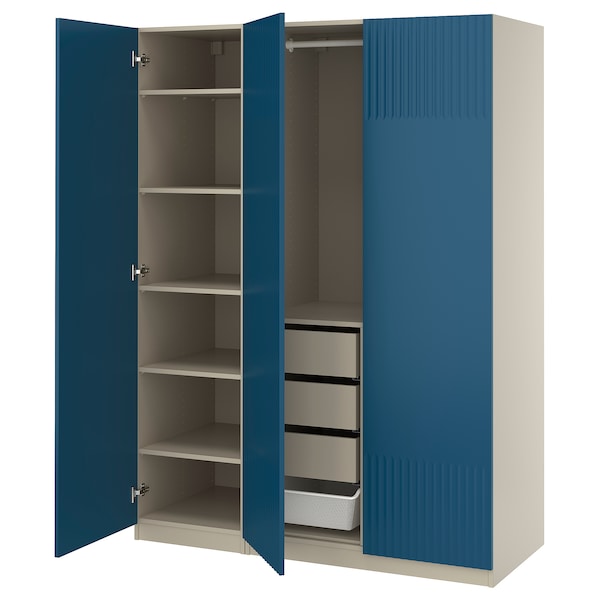 PAX / FYRUDDEN wardrobe combination, grey-beige/blue, 150x60x201 cm