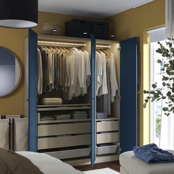 PAX / FYRUDDEN wardrobe combination, grey-beige/blue, 150x60x201 cm