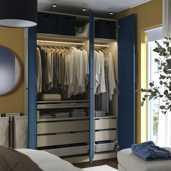 PAX / FYRUDDEN wardrobe combination, grey-beige/blue, 150x60x236 cm
