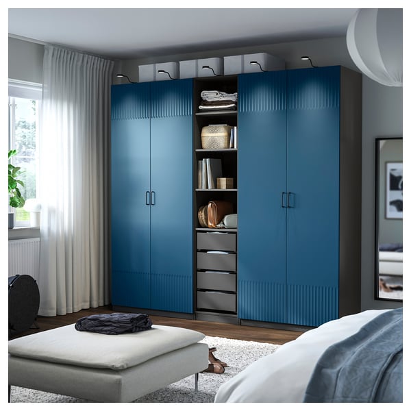 PAX / FYRUDDEN wardrobe combination, dark grey/blue, 250x60x236 cm