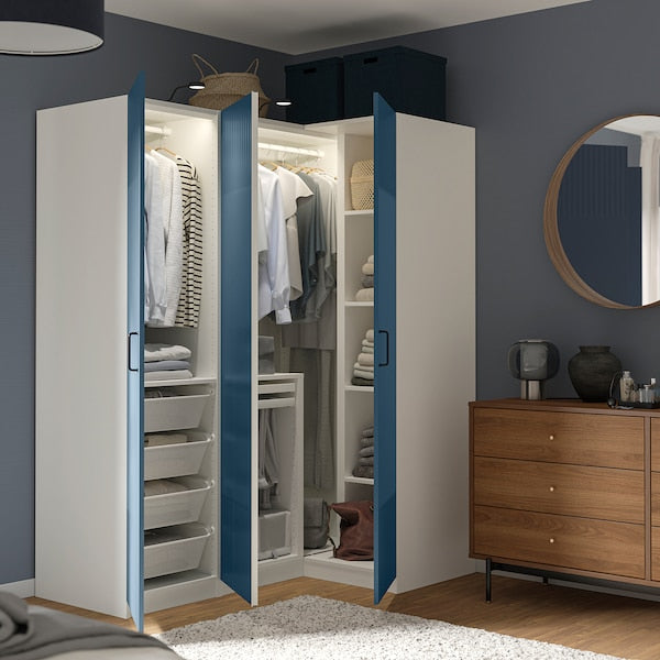PAX / FYRUDDEN corner wardrobe, white/blue, 161/111x201 cm
