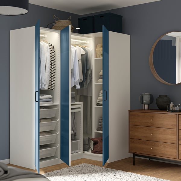 PAX / FYRUDDEN corner wardrobe, white/blue, 161/111x201 cm