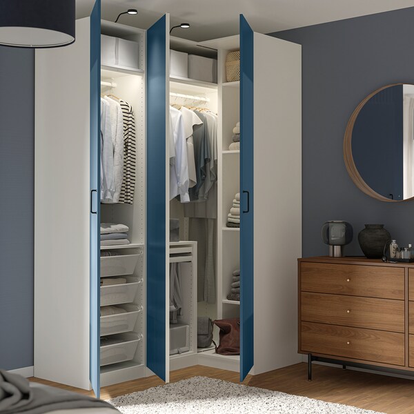 PAX / FYRUDDEN corner wardrobe, white/blue, 161/111x236 cm