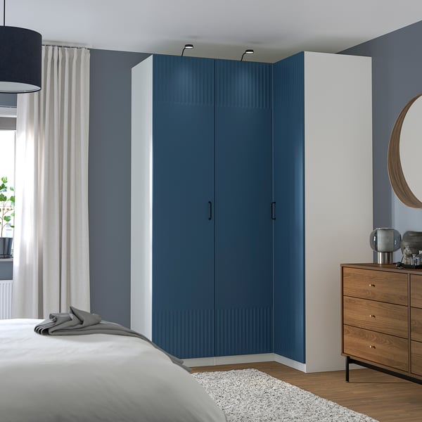 PAX / FYRUDDEN corner wardrobe, white/blue, 161/111x236 cm