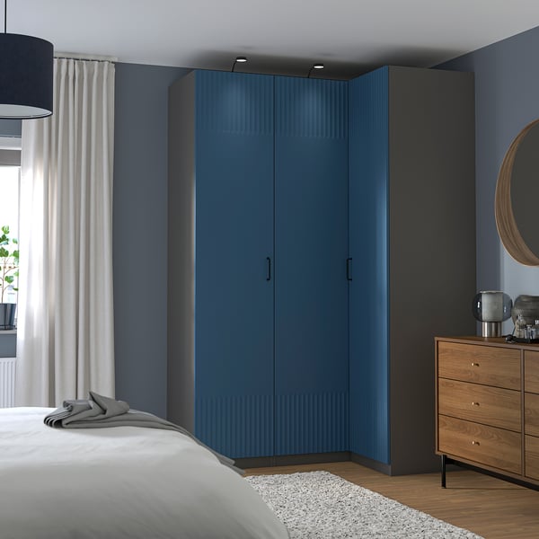 PAX / FYRUDDEN corner wardrobe, dark grey/blue, 161/111x236 cm